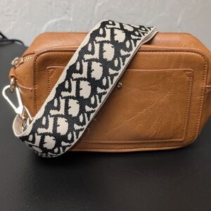 Brown Crossbody Bag with Patterned Strap